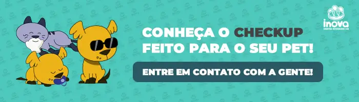 Quando procurar um veterinário? Tirinha da Inova Hospital Veterinário com ilustrações de pets e convite para realizar check-up veterinário.