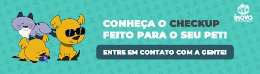 Acompanhamento veterinário Banner ilustrado da Inova Hospital Veterinário 24h com personagens de um cachorro e dois gatos e mensagem convidando os tutores a realizarem o check-up preventivo de seus pets.