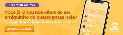 Cachorro com olho lacrimejando e lágrima ácida: o que observar? Banner informativo da Inova Hospital Veterinário 24h com a pergunta sobre observar os olhos do pet e imagem de um smartphone exibindo um infográfico. A peça incentiva tutores a verificar sinais de alterações oculares e acessar mais informações.