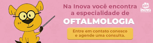 Como o veterinário avalia o olho do pet? Banner promocional da Inova Hospital Veterinário 24h com ilustração de um cachorro amarelo usando óculos e segurando uma ponteira. Ao lado, a mensagem destaca a especialidade de oftalmologia veterinária e convida os tutores a entrar em contato para agendar uma consulta.