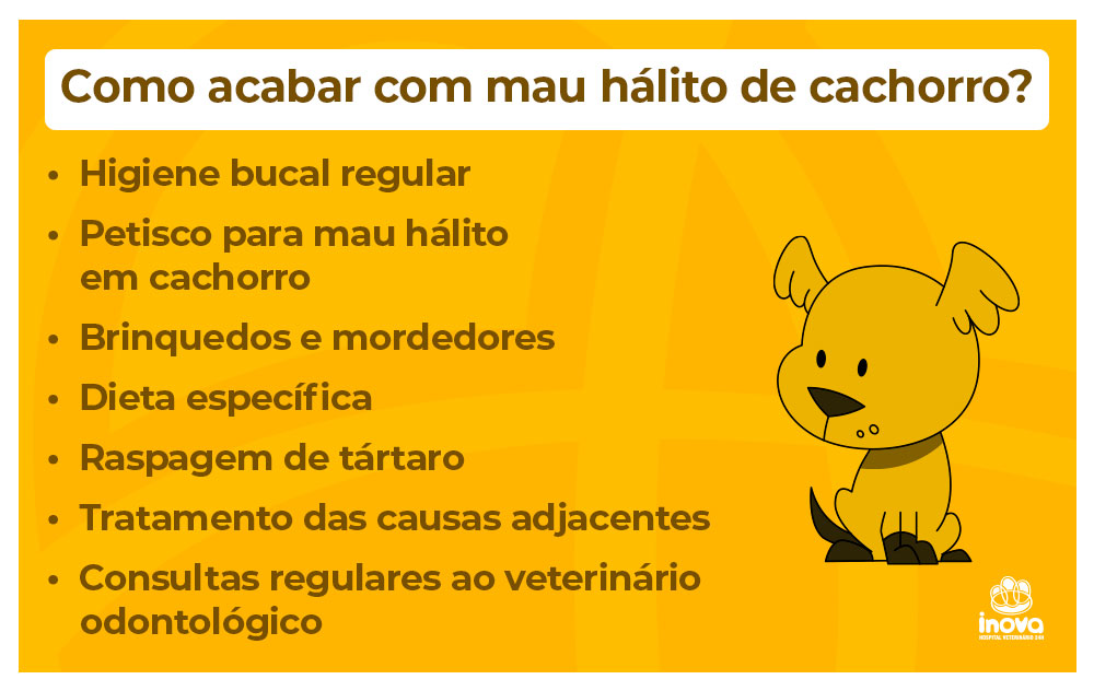 Como acabar com mau hálito de cachorro?
Higiene bucal regular
Petisco para mau hálito em cachorro
Brinquedos e mordedores
Dieta específica
Raspagem de tártaro
Tratamento das causas adjacentes
Consultas regulares ao veterinário odontológico
