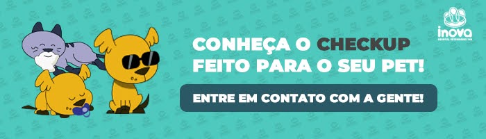 Banner da Inova Hospital Veterinário 24h com fundo turquesa e mascotes da clínica convidando o responsável a conhecer o checkup pet com o texto: Conheça o Checkup feito para o seu pet — Entre em contato com a gente.