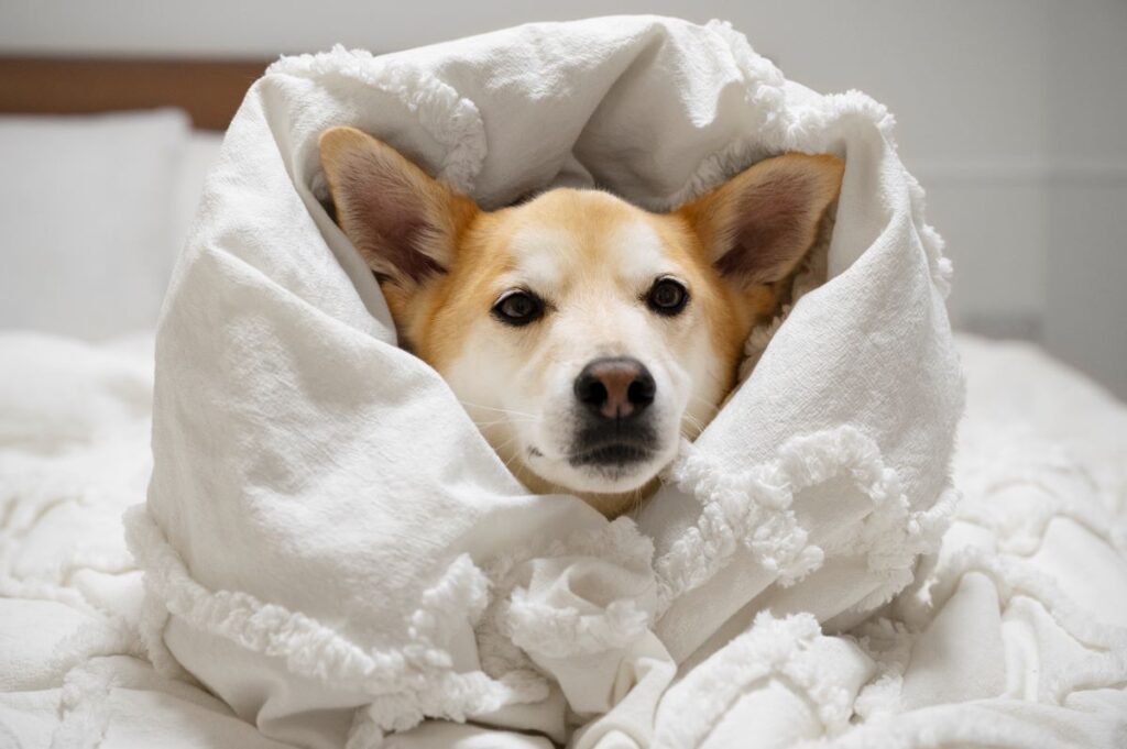 Cachorro enrolado em cobertor com frio.