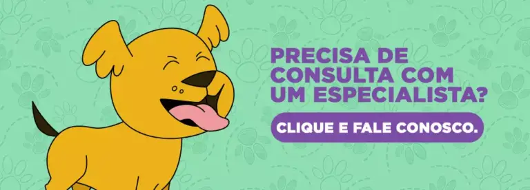 Ilustração de cachorro com mensagem sobre consulta veterinária e chamada para falar com especialista.