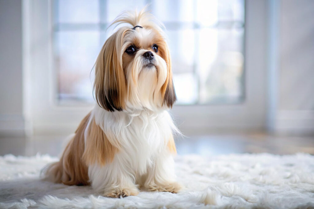 Lhasa Apso adulto de pelagem dourada e branca bem cuidada em ambiente doméstico, ideal para famílias e apartamentos.