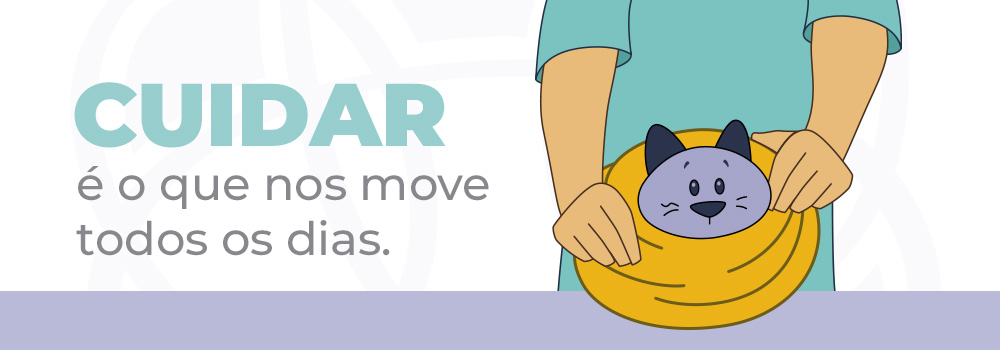 Ilustração do mascote felino do Inova Hospital Veterinário 24h usando colar elizabetano, com a frase "Cuidar é o que nos move todos os dias", representando o cuidado pós-operatório da castração em Sorocaba - castracao sorocaba