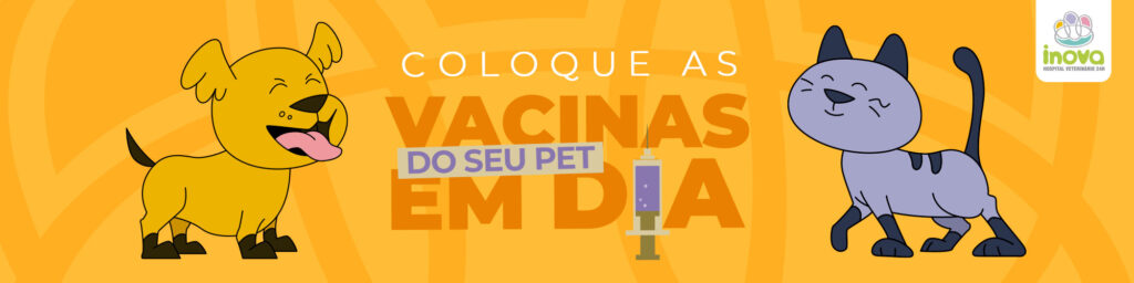 Ilustração de cachorro e gato com mensagem sobre vacinação de pets em dia.
